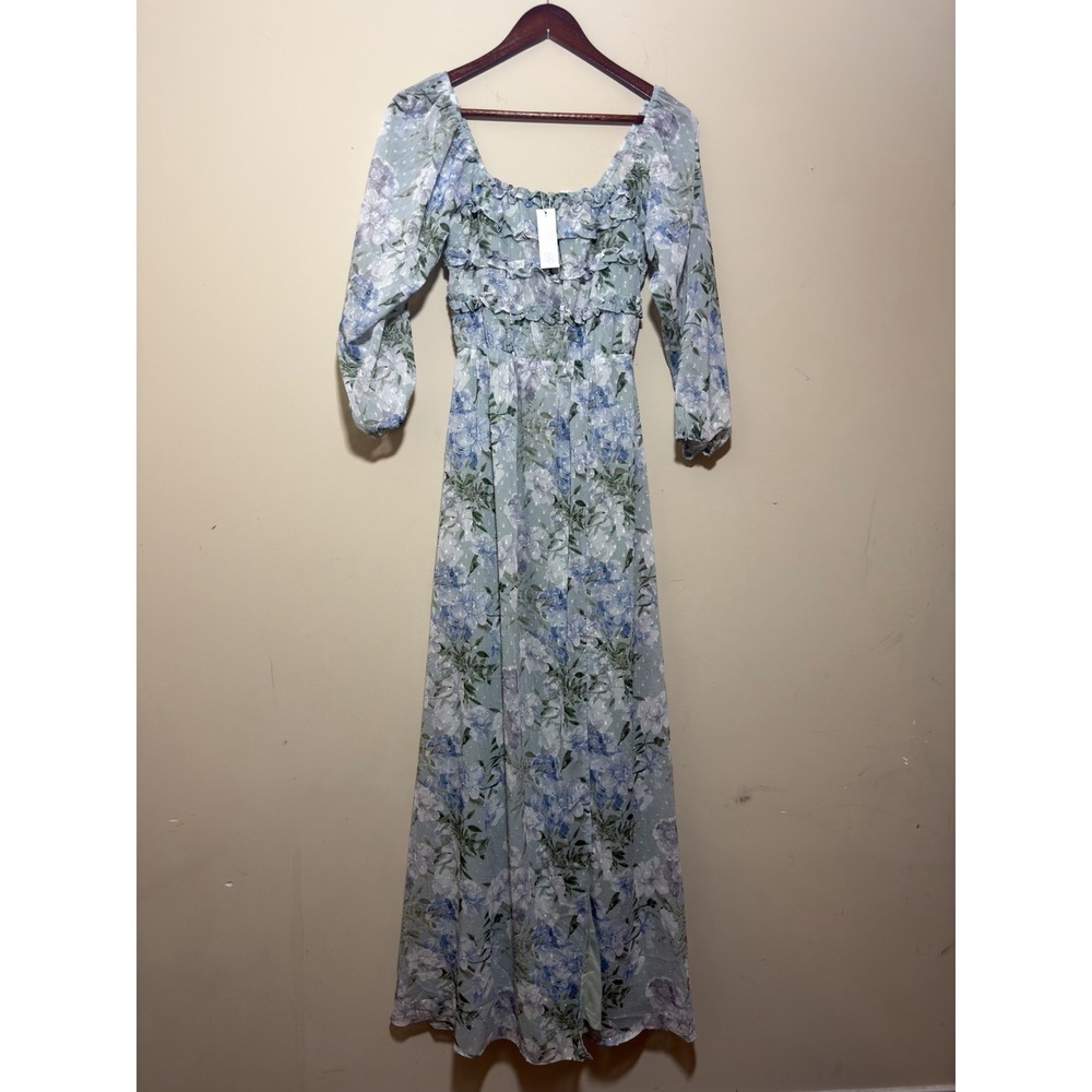 NEW Baltic Born Florence Long Sleeve‎ Thigh Slit Maxi Dress Sage Floral Small